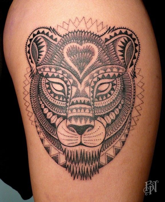 部落狮子头部纹身图案