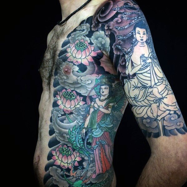 日本风格佛像和莲花彩色纹身图案