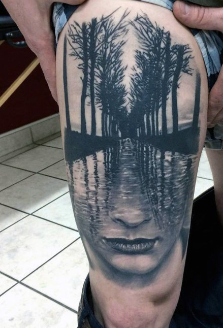 大腿黑色神秘水与女人肖像树林纹身图案