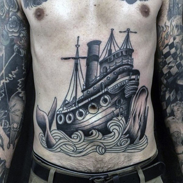 腹部黑灰风格船和鲸鱼纹身图案