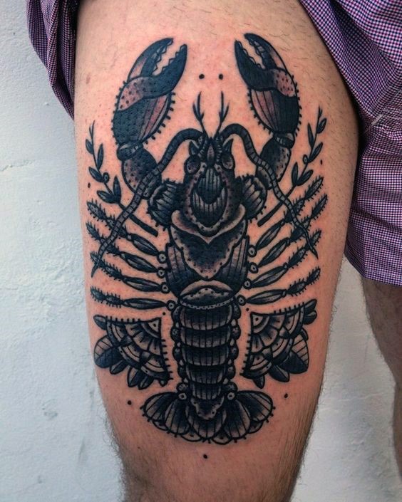 大腿old school黑色小龙虾纹身图案