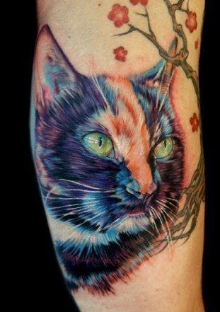 彩色猫肖像纹身图案