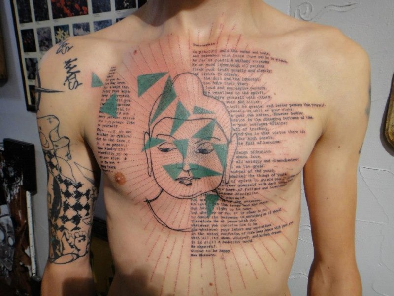 胸部如来佛祖与神圣的经文纹身图案