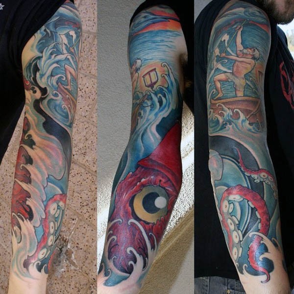 手臂彩色卡通大鱿鱼与渔民纹身图案