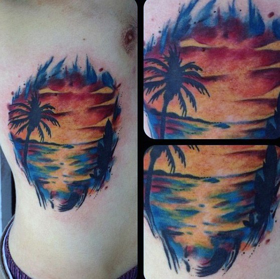 侧肋彩色海洋与太阳纹身图案