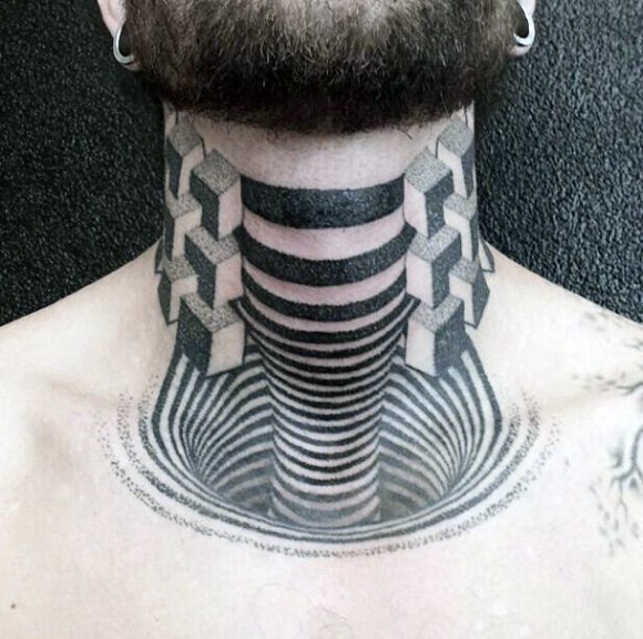 几何风格黑白催眠3D颈部纹身图案