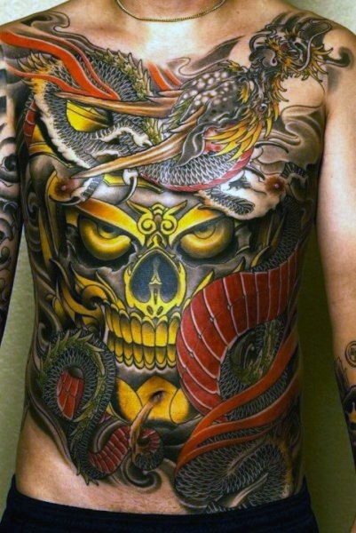 腹部全新日式彩色秘骷髅和龙纹身图案