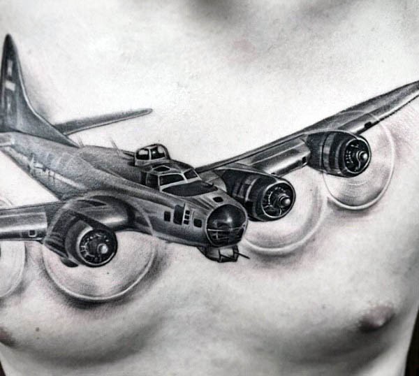 胸部写实风格黑色海军轰炸机纹身图案