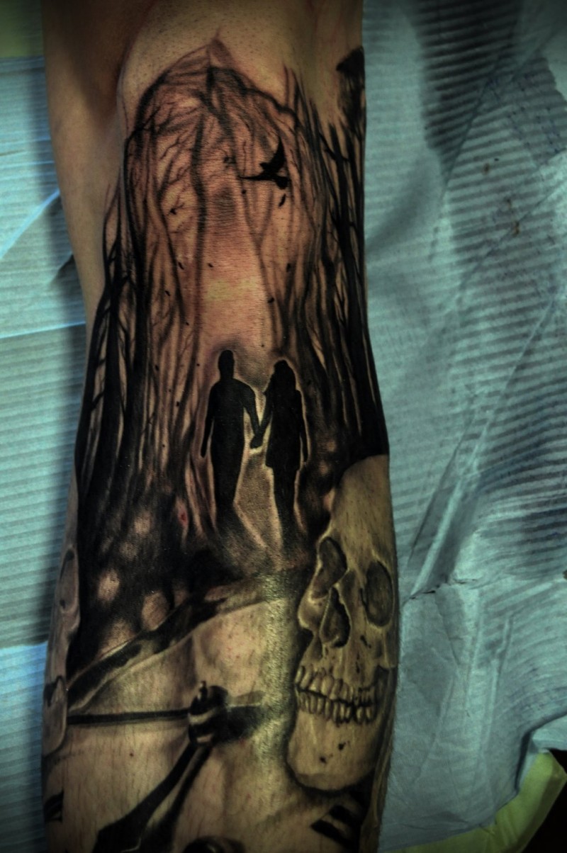 小腿令人毛骨悚然的黑暗森林与骷髅纹身图案