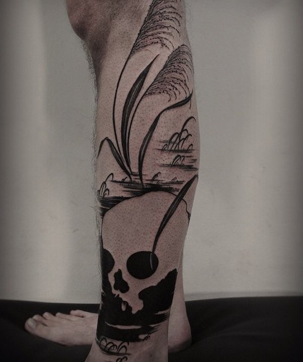 小腿简约的黑色神秘骷髅与沼泽纹身图案
