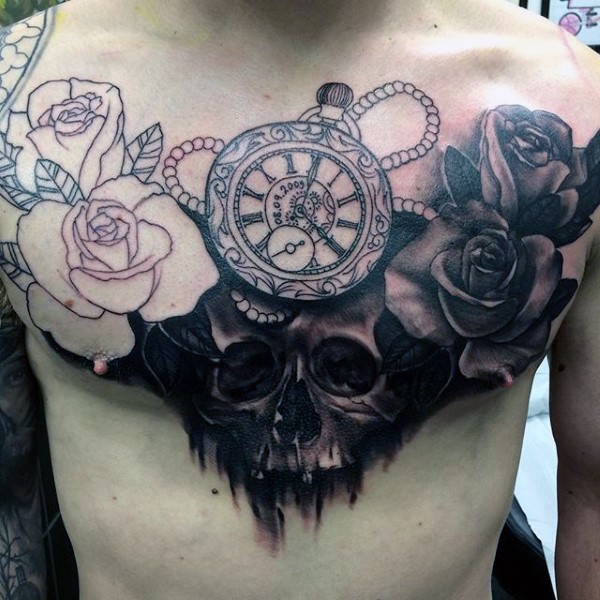 胸部骷髅和时钟玫瑰纹身图案