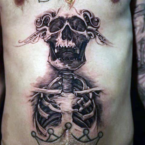 腹部令人难以置信的人体骨架纹身图案