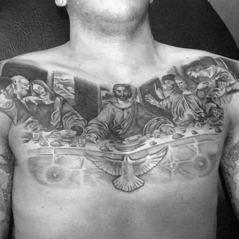 胸部写实黑色宗教人物晚餐纹身图案