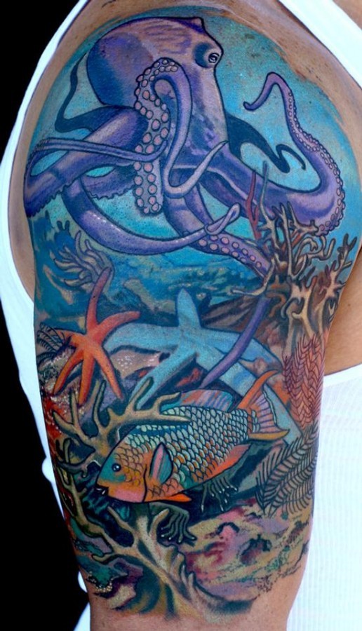 手臂彩绘卡通海底章鱼海星珊瑚纹身图案