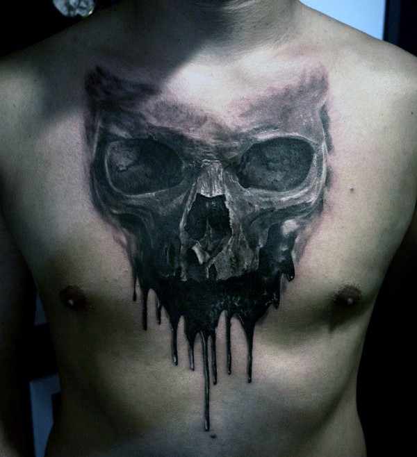胸部水彩写实风格黑色骷髅纹身图案
