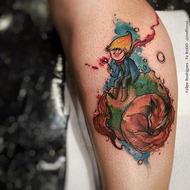 小腿卡通小男孩和狐狸彩绘纹身图案