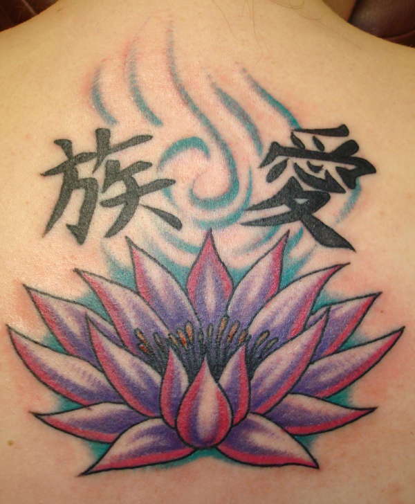 莲花和中国汉字彩色纹身图案