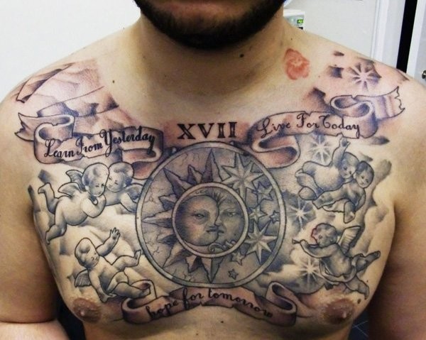 胸部黑白太阳和月亮与小天使纹身图案