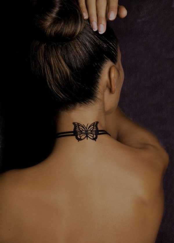 颈部优雅的黑白蝴蝶纹身图案