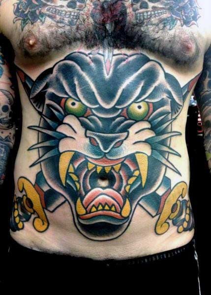 腹部old school愤怒的黑豹和锋利的匕首纹身图案
