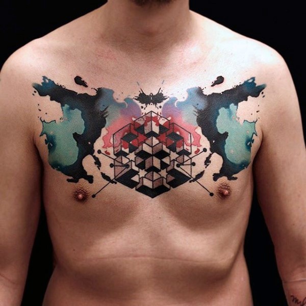 胸部水彩泼墨几何纹身图案