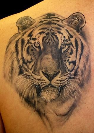 逼真的黑色老虎头背部纹身图案