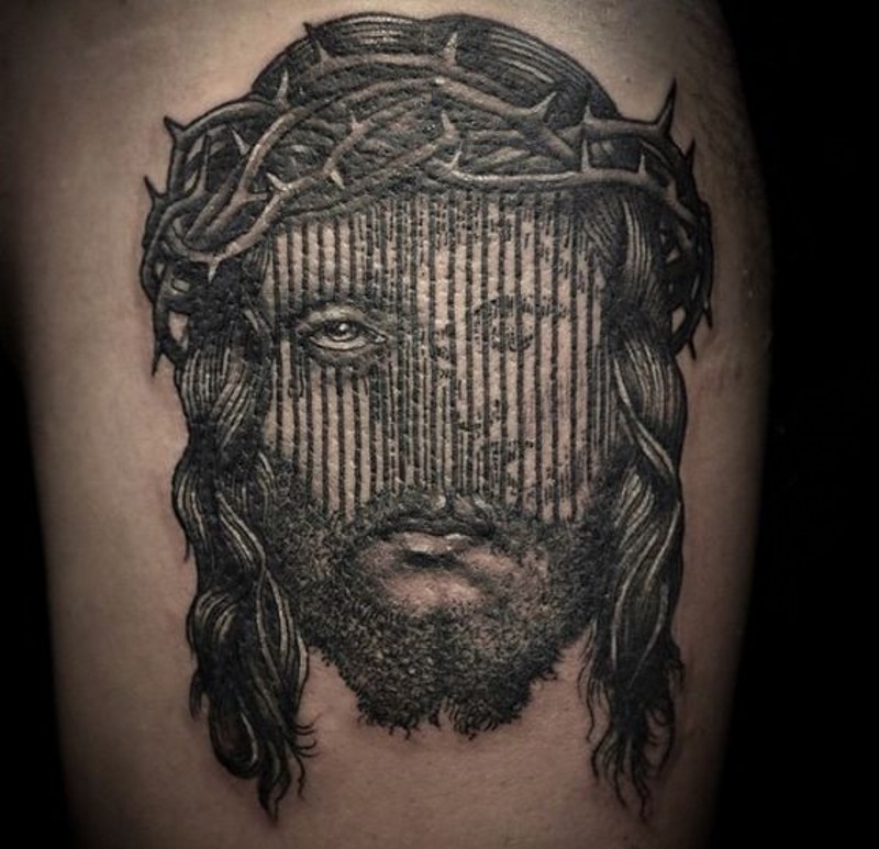 耶稣黑色肖像大腿纹身图案