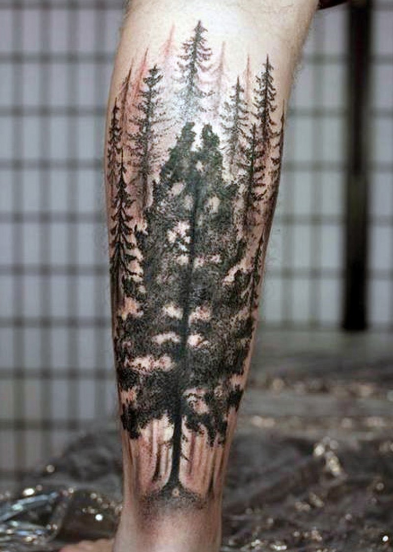 小腿黑色点刺神秘的森林纹身图案
