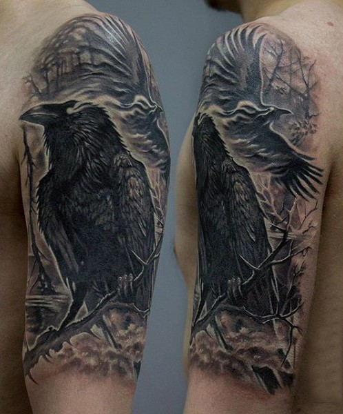 大臂黑灰神秘的乌鸦个性纹身图案