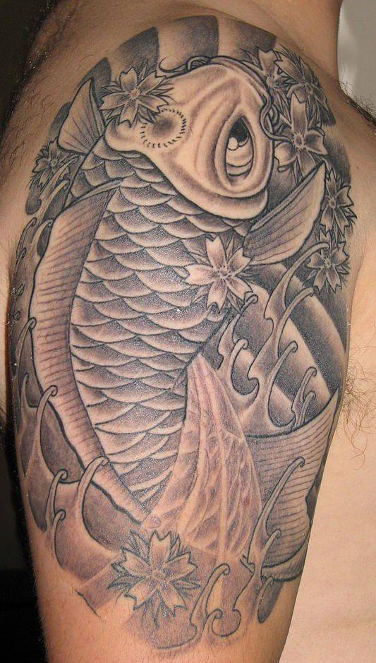 大臂锦鲤鱼黑色纹身图案