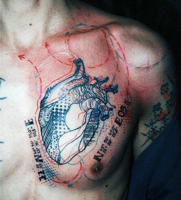 胸部彩色线条人体心脏字母纹身图案