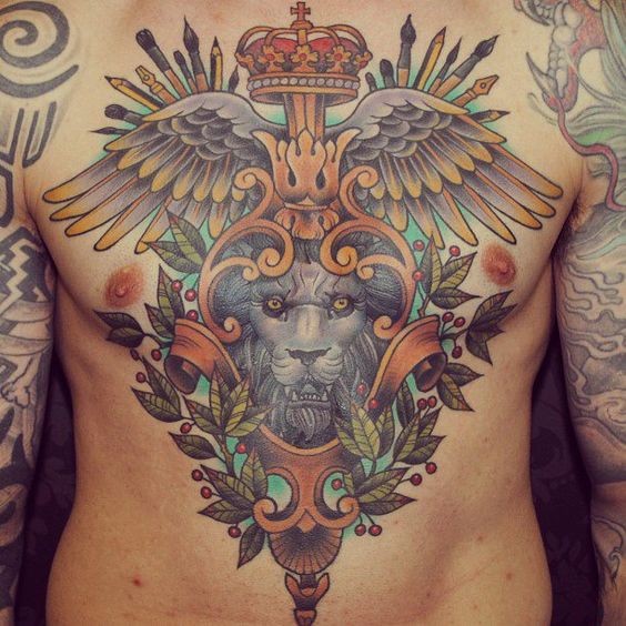 胸部old school彩色狮子花朵和翅膀纹身图案