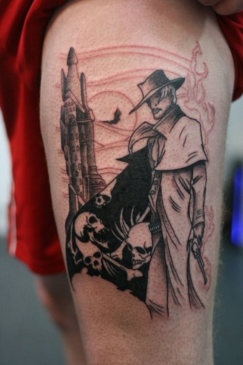 大腿漫画风格黑白神秘男子手枪纹身图案