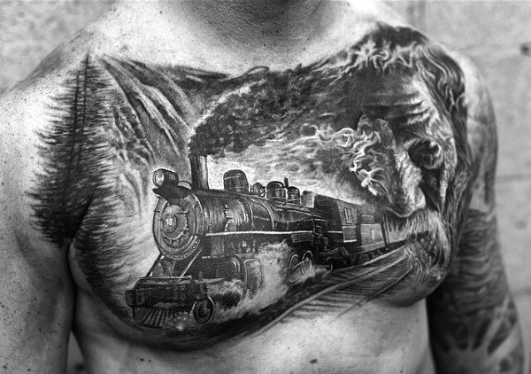 胸部写实黑色老式蒸汽火车纹身图案