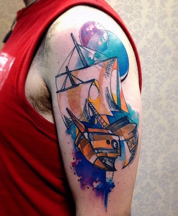 大臂彩色卡通帆船纹身图案