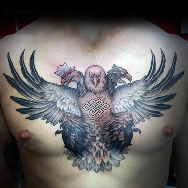 胸部惊人的设计彩色三头老鹰纹身图案