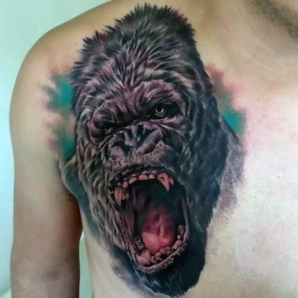 胸部彩色咆哮大猩猩纹身图案