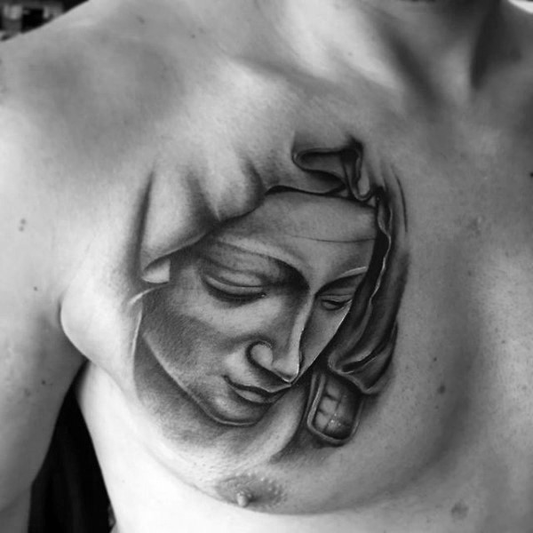 男性胸部若有所思的宗教肖像纹身图案