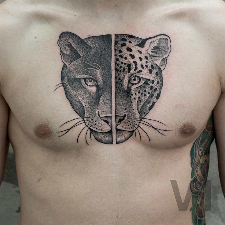 胸部雕刻风格花豹与黑豹组合头像纹身图案