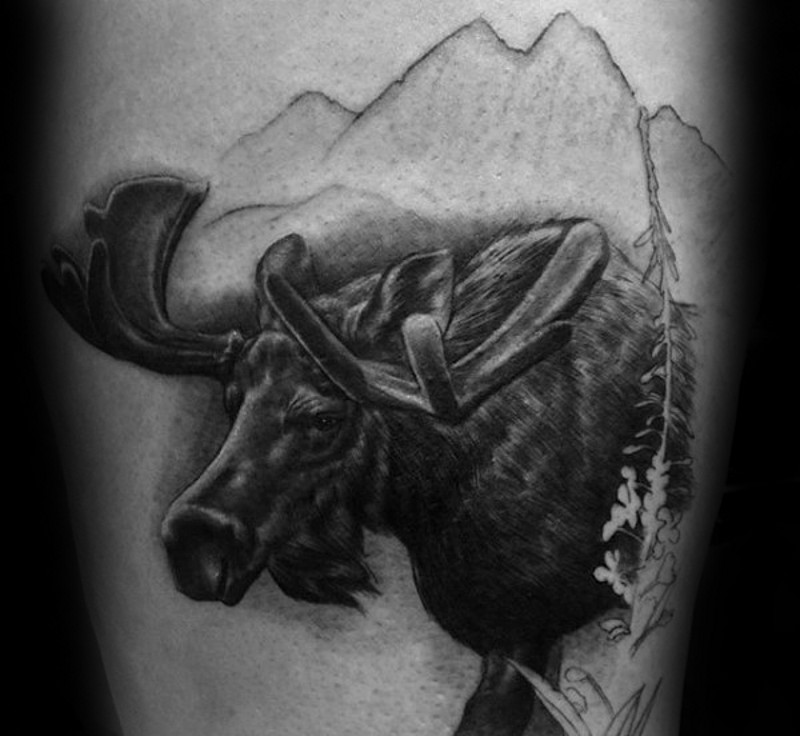 写实黑色的麋鹿在山区纹身图案
