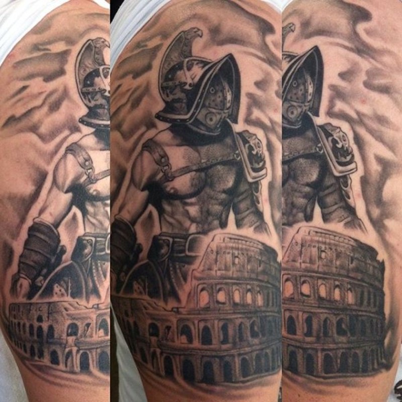 大臂黑白罗马竞技场的老斗士纹身图案