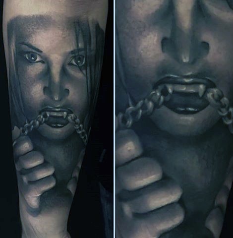 可怕的黑灰吸血鬼女人个链条纹身图案
