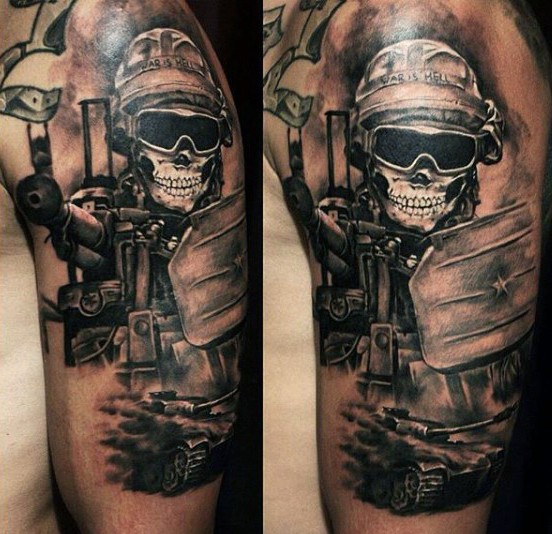 手臂黑灰风格的现代骷髅机枪士兵纹身图案