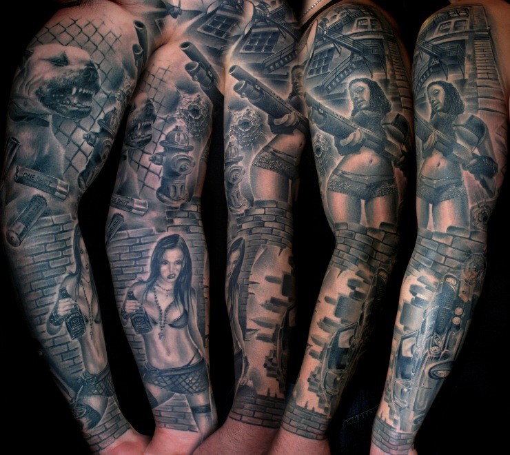 手臂黑白女性与狗纹身图案