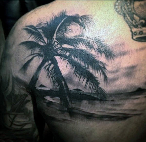 背部黑灰海岛风景与棕榈树纹身图案