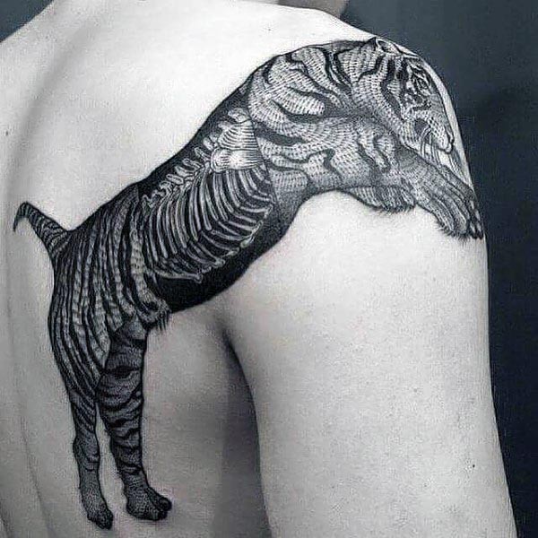 背部壮观的黑色老虎与骨骼纹身图案