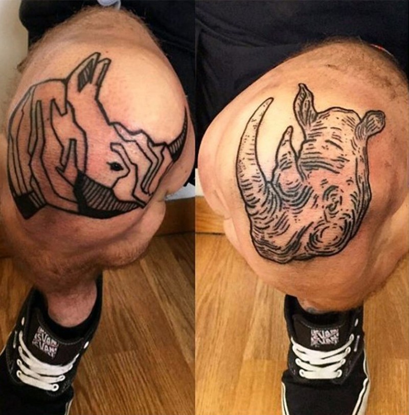 腿部膝盖个性黑色犀牛头像纹身图案