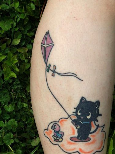 黑色小猫放风筝卡通纹身图案