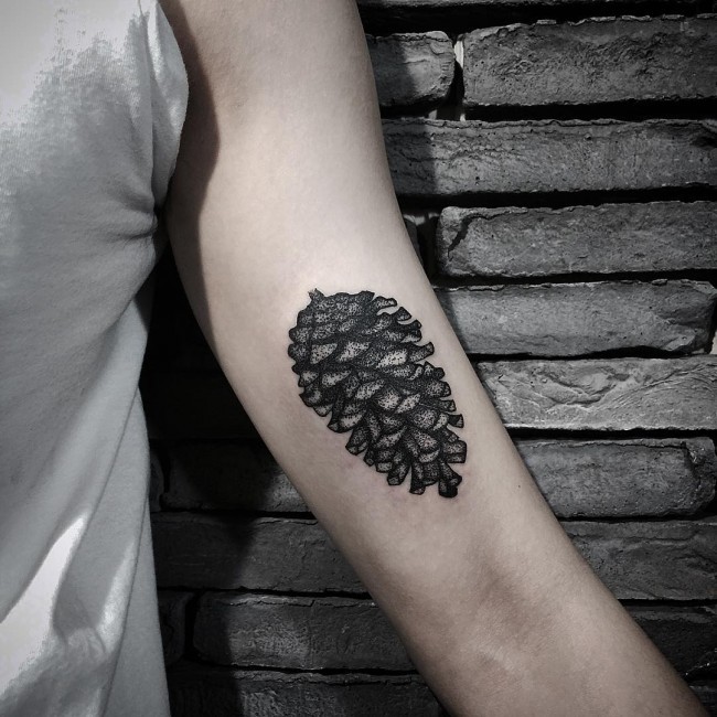 小臂雕刻风格的黑色松果纹身图案