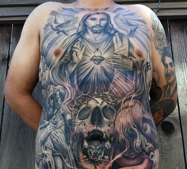 腹部大型宗教式耶稣肖像彩色纹身图案